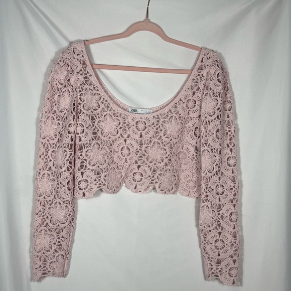 Zara Tops - Zara Blush Pink Crochet Lace-Look Long Sleeve Crop Top, Size Large, NWOT. Boho